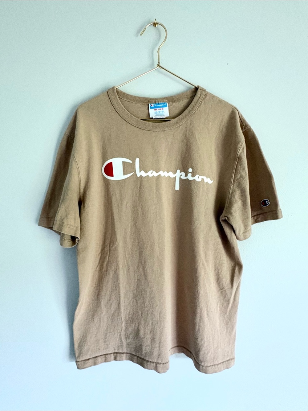 Champion Tan Script Logo Graphic Tee T-Shirt Medium